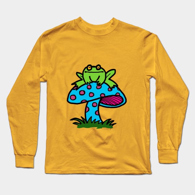 frog on a mushroom Long Sleeve T-Shirt by wolfmanjaq